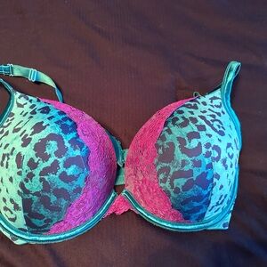 Cacique Teal and Pink Leopard Lace Bra